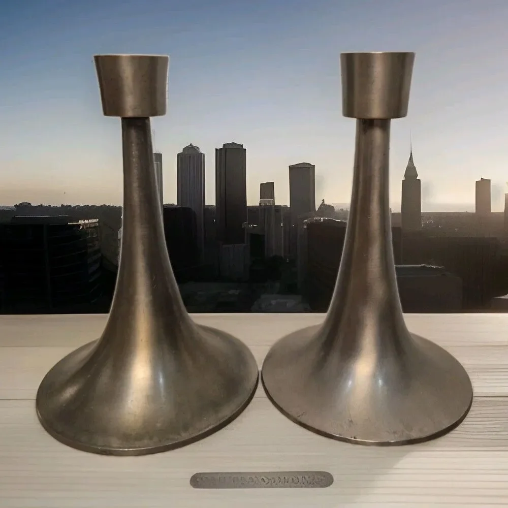 Set Of Two Vintage Pewter Candlestick Holder Minimalist Classic Romantic